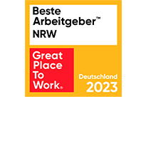 Das Siegel von Great Place to Work mit dem Schriftzug "Beste Arbeitgeber NRW" und "Deutschland 2023"